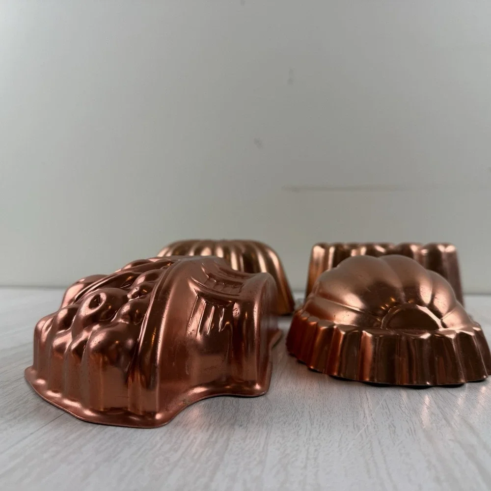 4 Vtg Copper Aluminum Jello Cake Molds Wall Hanging Fruit Basket Bunt Hobnail